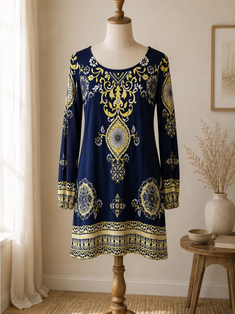 INC International Concepts Medallion Shift Dress XS Blue Yellow Stretch Tunic